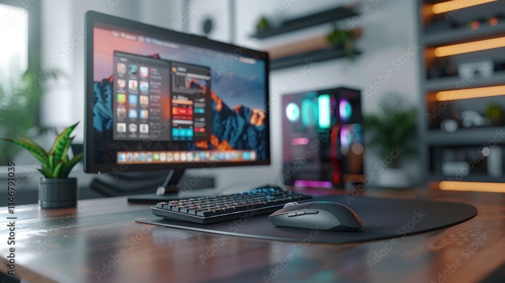 Modern Gaming Setup: iMac, Keyboard, Mouse, and PC Tower Modern Gaming Setup: iMac, Keyboard, Mouse, and PC Tower