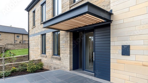 Wallpaper Mural Modern house entrance with stone facade, canopy, and dark grey door. Torontodigital.ca