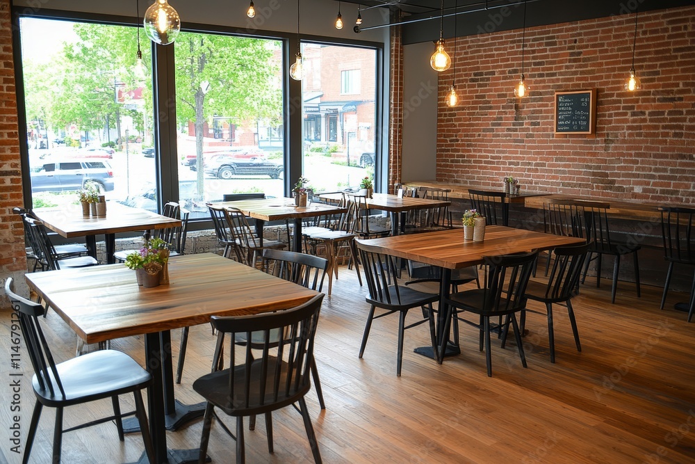 A cozy restaurant interior featuring wooden tables and chairs with large windows. A cozy restaurant interior featuring wooden tables and chairs with large windows.