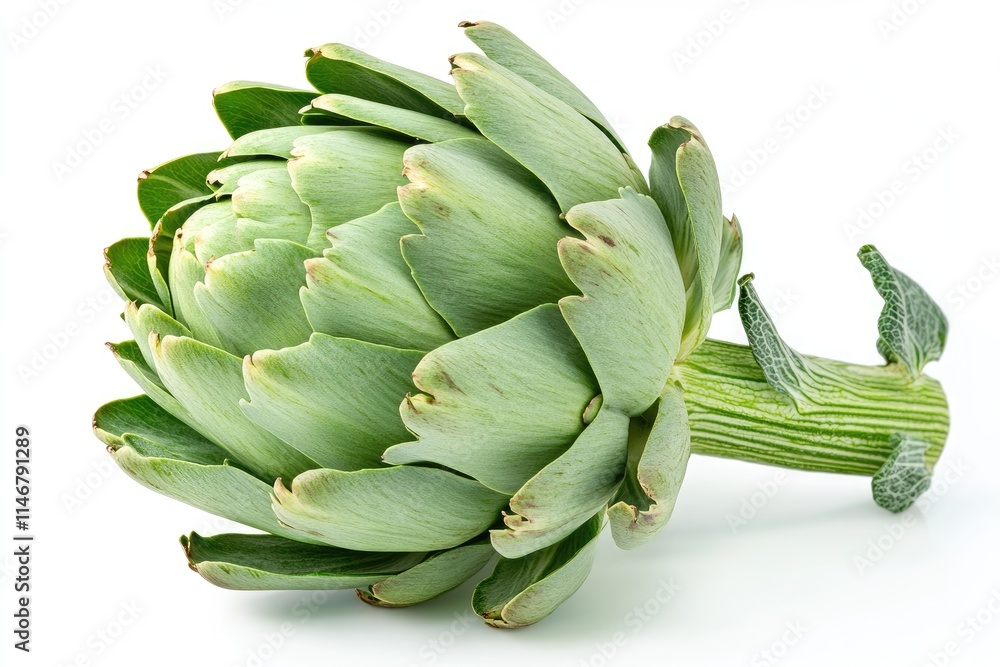 A large green artichoke with tightly packed leaves, isolated on a white background A large green artichoke with tightly packed leaves, isolated on a white background