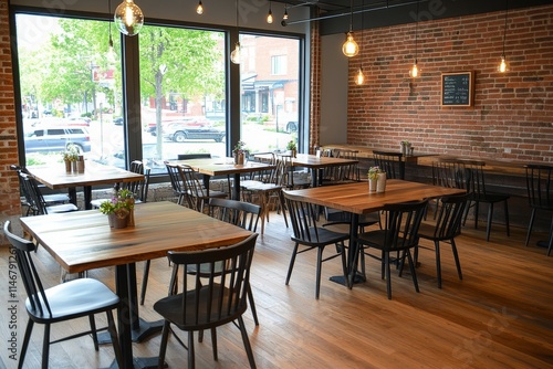 A cozy restaurant interior featuring wooden tables and chairs with large windows.