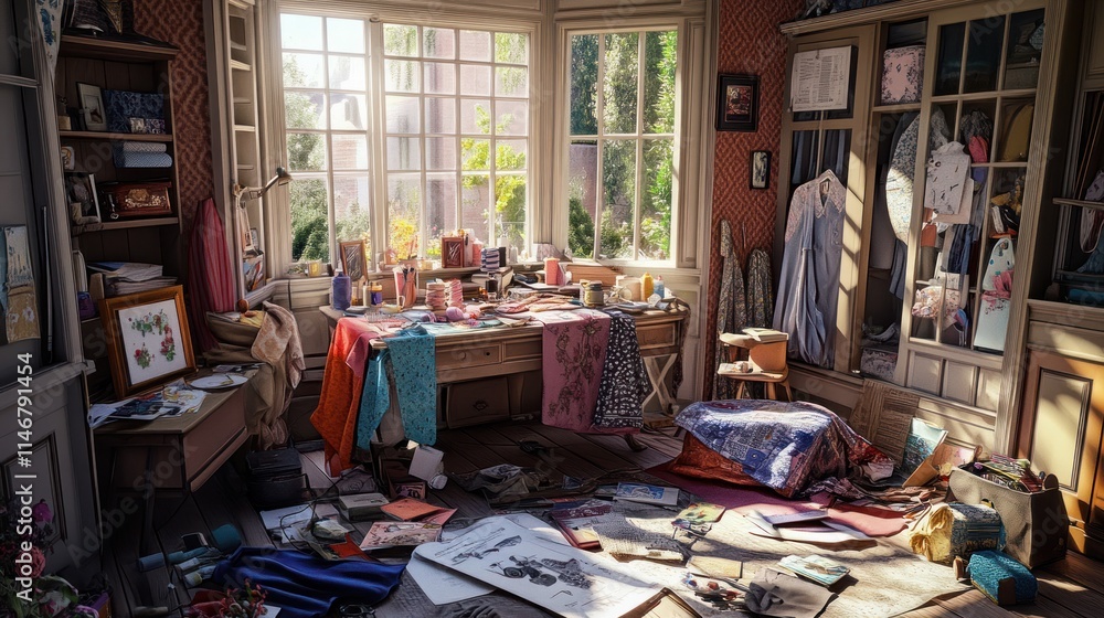 Sunlit messy artist's studio with crafting supplies, fabrics, and papers scattered on the floor and desk. Sunlit messy artist's studio with crafting supplies, fabrics, and papers scattered on the floor and desk.
