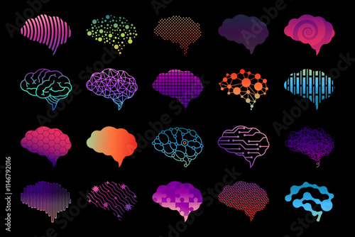 Brain logo. Abstract AI icons. Psychology symbols. Human neurology. Logic and mind. Education sign. Line tech intelligence. Genius cerebrum data. Digital memory neuron. Vector gradient pictograms set