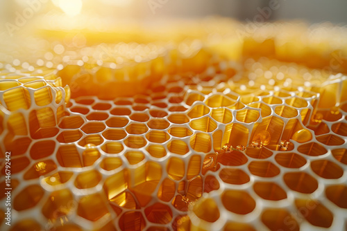 Close-up view of honeycomb filled with golden honey captured in a warm light setting. Generative AI photo