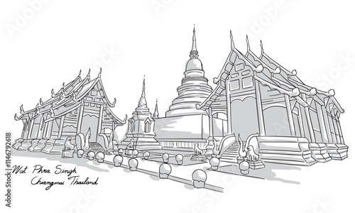 Wat Phra Singh, Chiangmai, Thailand. Hand drawing outline.