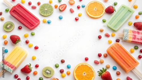 popsicles ice cream cone fresh fruits strawberries kiwi oranges candy colorful summer refreshment sweet indulgence playful fun white background