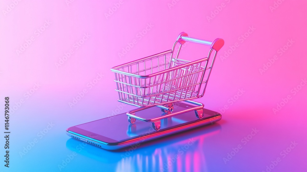 Mini shopping cart on smartphone, vibrant background. Mini shopping cart on smartphone, vibrant background.