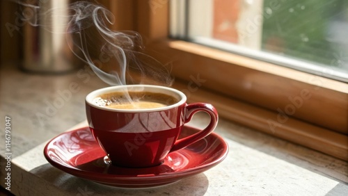 A steaming cup of coffee on a red saucer, sitting on a windowsill, sunlight filtering through the window pane. photo