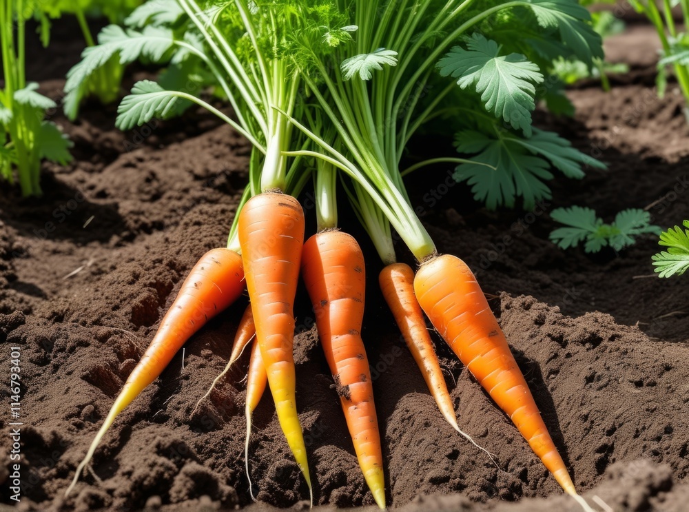 Freshly harvested carrots on soil with green leaves in a sunny garden setting Freshly harvested carrots on soil with green leaves in a sunny garden setting