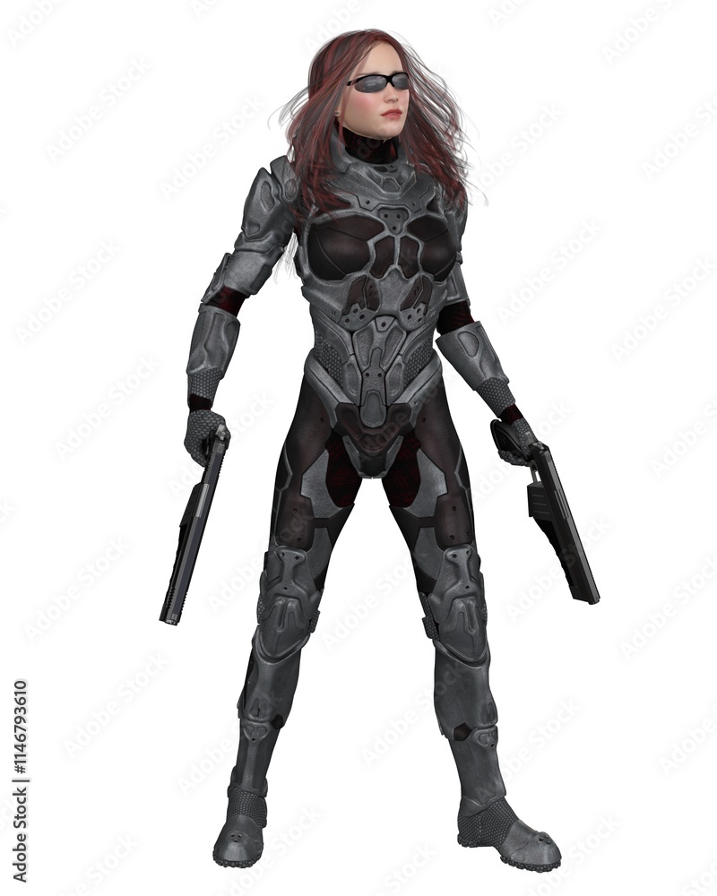 Future Soldier, Red Haired Female with Shades, Standing Pose, 3d digitally rendered science fiction illustration Future Soldier, Red Haired Female with Shades, Standing Pose, 3d digitally rendered science fiction illustration