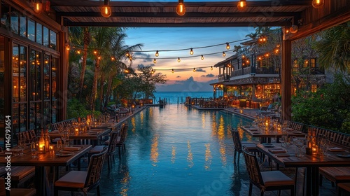 Wallpaper Mural Romantic oceanfront restaurant with infinity pool at sunset. Torontodigital.ca