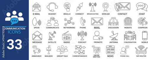 Adobe Illustrator ACommunication icon set. Containing speak, phone, mail, contact, chat, website, satellite, radio, antenna, message and more. Solid icons collection, vector illustration.rtwork