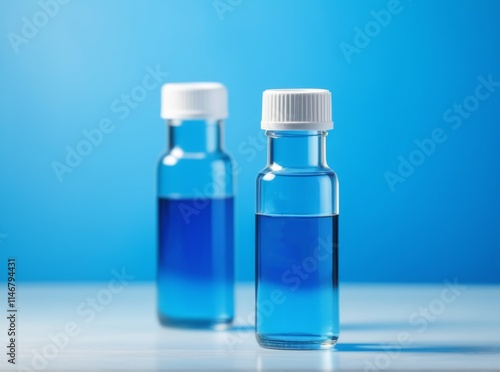 Clear glass bottles filled with bright blue liquid sit against a light blue background in a well-lit setting