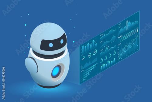 Isometric AI robot assisting a user with data visualization and reports on a digital screen, surrounded by technological elements. Automating Data Management Analytics and Business Reports with KPIs