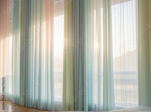 Sunlight streaming through sheer curtains in a tranquil indoor setting near mountains