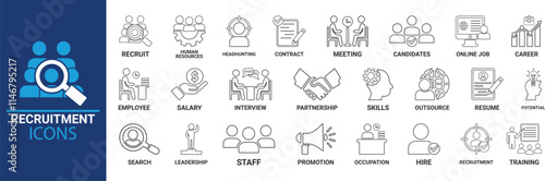 Recruitment icon set. Headhunting, career, resume, job hiring, candidate and human resource icons. Solid icon collection.