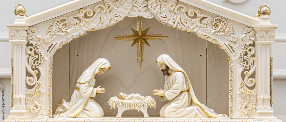 Obraz premium A beautifully carved white wooden nativity scene with gold accents depicts Mary and Joseph kneeling before baby Jesus in a manger.
