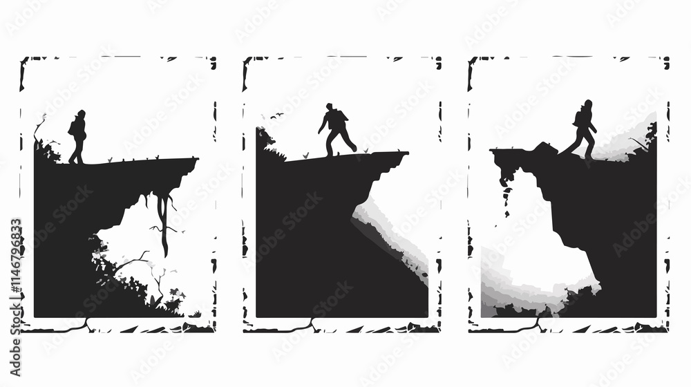 Obraz premium Falling from Cliff Danger Sign Set: Unstable Cliff Edge