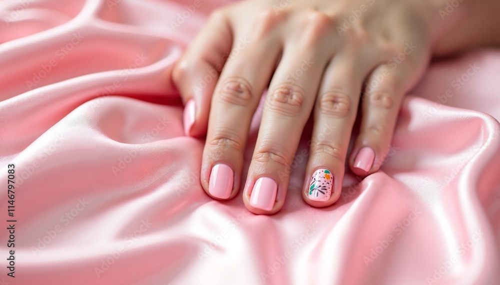 Elegant hand with pink nail art on silky fabric, perfect for beauty and fashion ads Elegant hand with pink nail art on silky fabric, perfect for beauty and fashion ads