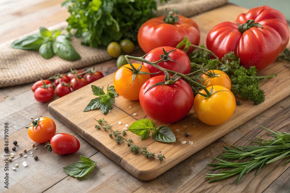 Fresh Organic Tomatoes and Herbs on Rustic Wooden Cutting Board Fresh Organic Tomatoes and Herbs on Rustic Wooden Cutting Board