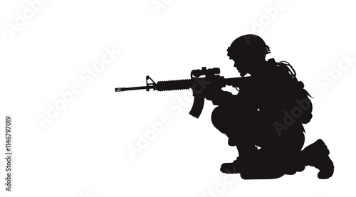 A black silhouette of an soldier kneeling and aiming a rifle, against a white background photo