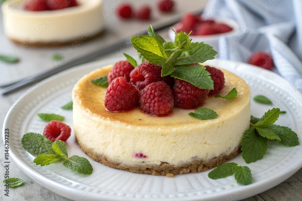 Goat cheese cheesecake with fresh raspberries and mint leaves on top on a white plate Goat cheese cheesecake with fresh raspberries and mint leaves on top on a white plate