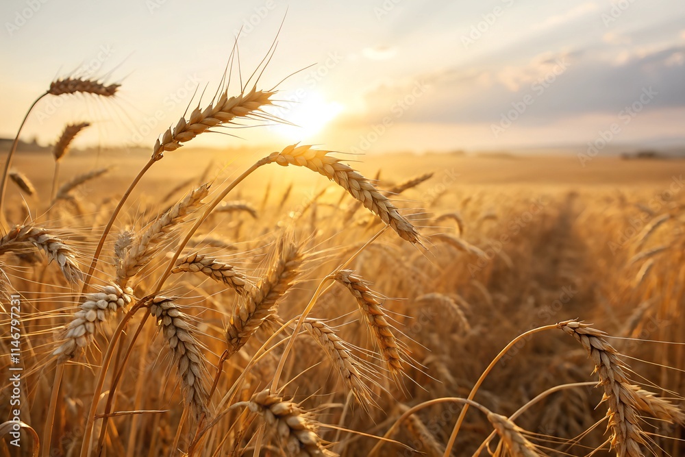 Fototapeta premium Golden Wheat Field Ready for Harvest with Sunlit CloseUp of Ripe Grain
