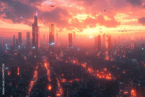 Wallpaper Mural Futuristic Cityscape at Sunset with Drones Torontodigital.ca