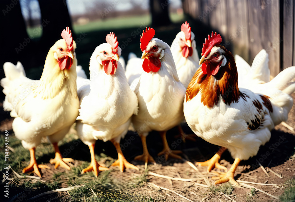 Fototapeta premium Chickens walk through the hay in sunny weather