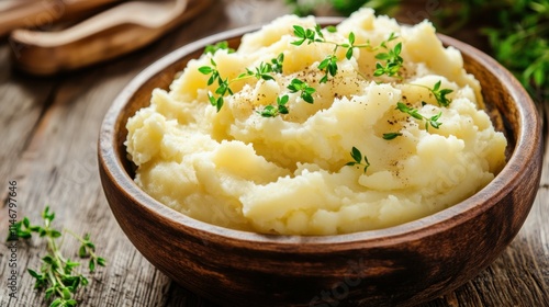 Creamy Mashed Potatoes with Fresh Thyme in Wooden Bowl Decor