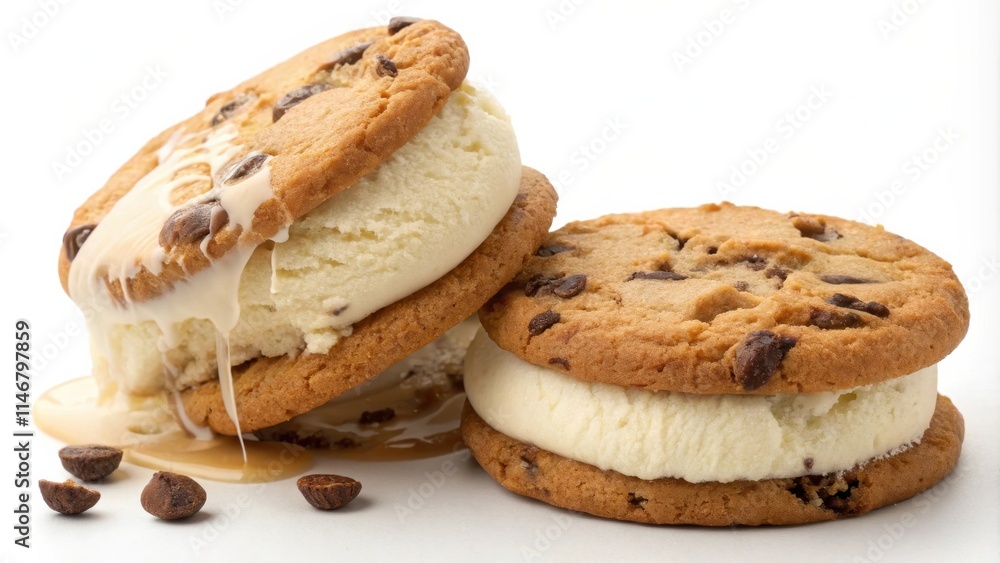 A Melted Ice Cream Sandwich with Chocolate Chip Cookies and Drizzled Caramel Sauce A Melted Ice Cream Sandwich with Chocolate Chip Cookies and Drizzled Caramel Sauce