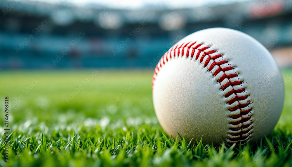 Close-up of a baseball on fresh grass, highlighting its texture and craftsmanship. Close-up of a baseball on fresh grass, highlighting its texture and craftsmanship.