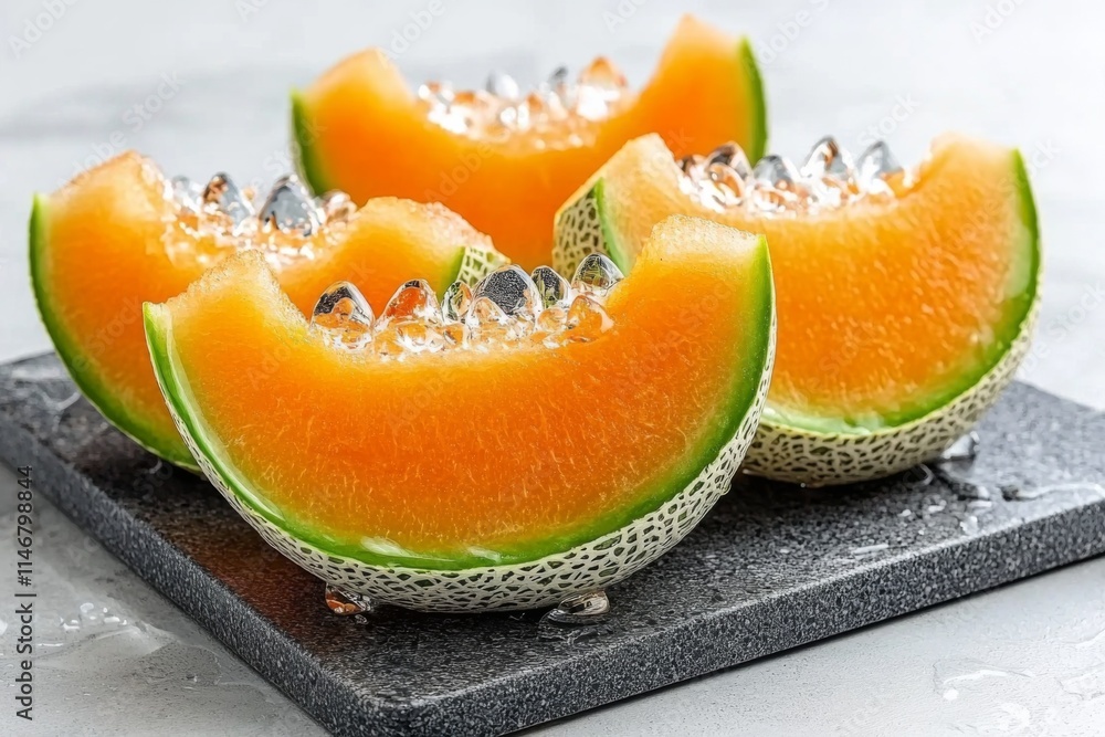 Freshly sliced cantaloupe arranged on a dark stone platter with droplets of water Freshly sliced cantaloupe arranged on a dark stone platter with droplets of water