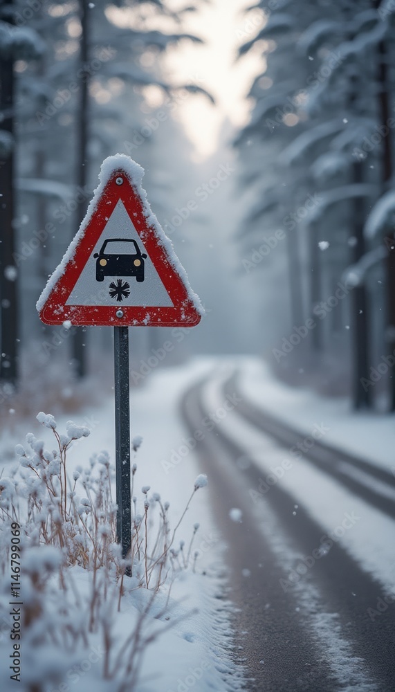 A snow-dusted warning sign stands tall beside a winding road, surrounded by a serene winter landscape. The scene captures the essence of a tranquil snowy day, with soft flakes falling gently, creating A snow-dusted warning sign stands tall beside a winding road, surrounded by a serene winter landscape. The scene captures the essence of a tranquil snowy day, with soft flakes falling gently, creating
