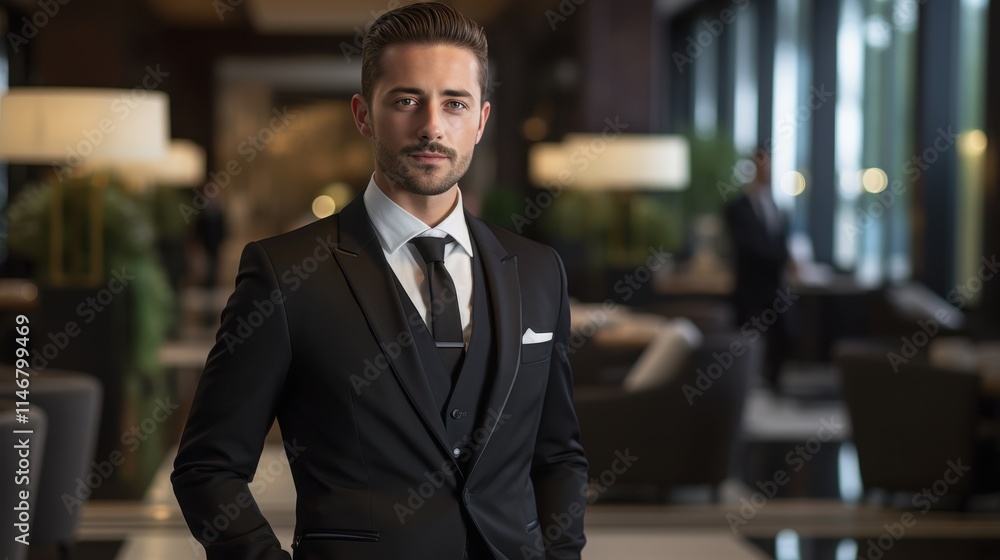 Dapper Concierge in Black Suit Standing in Elegant Hotel Lobby Dapper Concierge in Black Suit Standing in Elegant Hotel Lobby