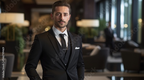 Dapper Concierge in Black Suit Standing in Elegant Hotel Lobby