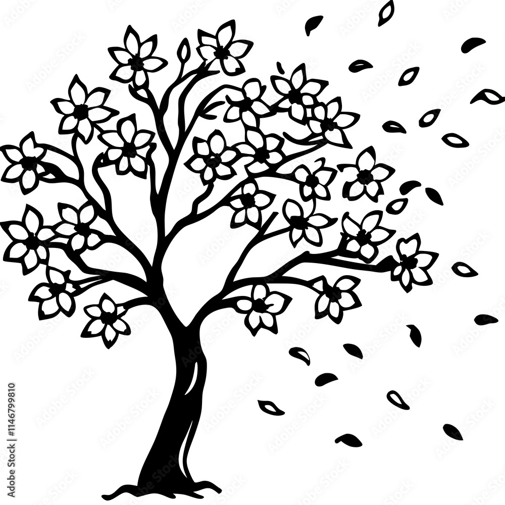 Blooming Tree Silhouette with Falling Petals in Black and White Blooming Tree Silhouette with Falling Petals in Black and White