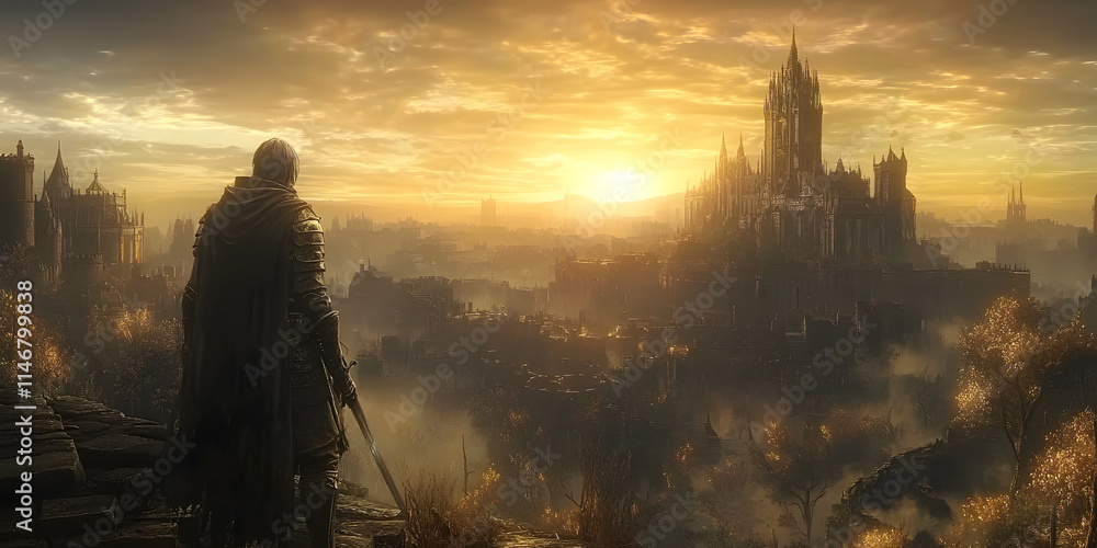 Naklejka premium A lone knight surveys a magnificent medieval city at sunset. Epic fantasy landscape artwork, a breathtaking view, the sun sets casting a golden hue on the majestic buildings.