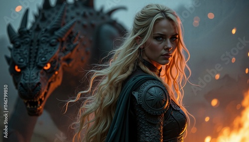 Fierce warrior woman with dragon, intense stare, fantasy fire background, epic poster photo