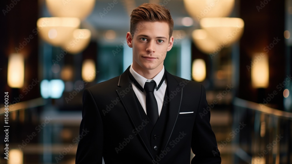 Elegantly poised concierge in black suit with blurred hotel lobby background Elegantly poised concierge in black suit with blurred hotel lobby background