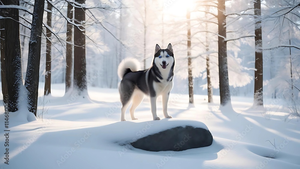 Snow-Covered Forest with Husky Standing on Rock, Blue Eyes Glinting in Sunlight, Majestic Winter Scene
Snow-Covered Forest with Husky Standing on Rock, Blue Eyes Glinting in Sunlight, Majestic Winter Scene