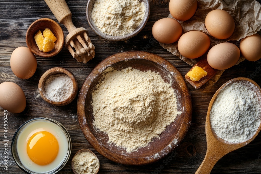 A collection of cooking ingredients including eggs, flour, and citrus for baking. A collection of cooking ingredients including eggs, flour, and citrus for baking.