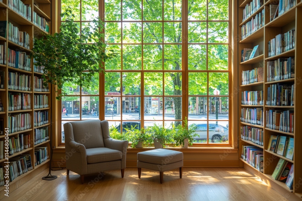 A cozy reading nook in a library with large windows and greenery outside. A cozy reading nook in a library with large windows and greenery outside.