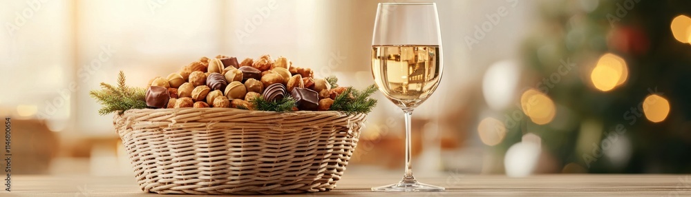 A festive arrangement featuring a woven basket of nuts and a glass of white wine, set against a blurred background of holiday lights. A festive arrangement featuring a woven basket of nuts and a glass of white wine, set against a blurred background of holiday lights.