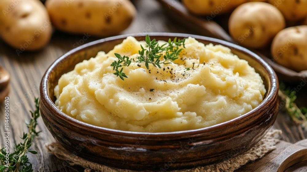 Creamy Mashed Potatoes with Fresh Herbs in Rustic Bowl Setting Creamy Mashed Potatoes with Fresh Herbs in Rustic Bowl Setting