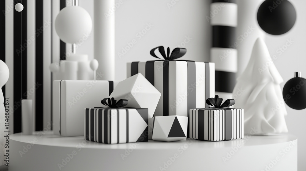 A sophisticated arrangement of 3D-rendered Christmas gifts wrapped in monochrome styles with geometric shapes, placed on a polished modern surface, surrounded by minimal holiday decor for a clean look