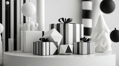 Obraz na płótnie A sophisticated arrangement of 3D-rendered Christmas gifts wrapped in monochrome styles with geometric shapes, placed on a polished modern surface, surrounded by minimal holiday decor for a clean look w salonie