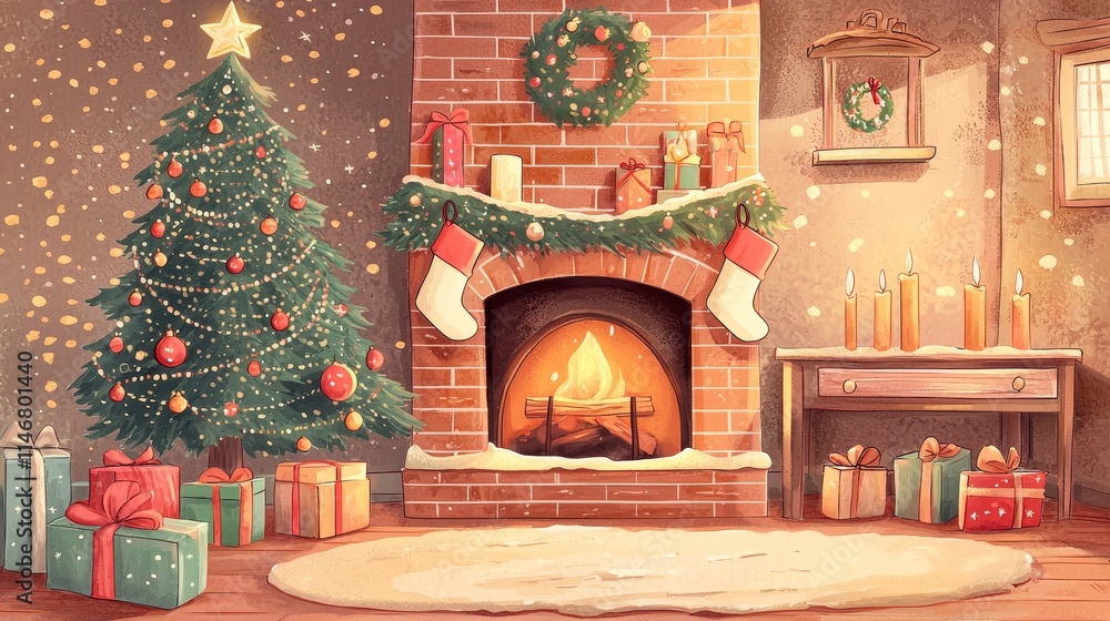 Obraz premium Cozy Christmas Scene with a Decorated Tree, Stockings, Gifts, and a Warm Fireplace in a Festive Atmosphere