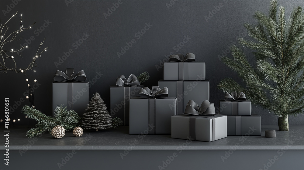A serene setup of sleek Christmas gifts in a 3D render, featuring minimalist monochrome wrapping and subtle ribbons, displayed on a simple modern surface with very few holiday accents