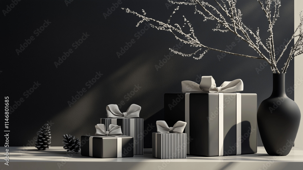 A serene setup of sleek Christmas gifts in a 3D render, featuring minimalist monochrome wrapping and subtle ribbons, displayed on a simple modern surface with very few holiday accents